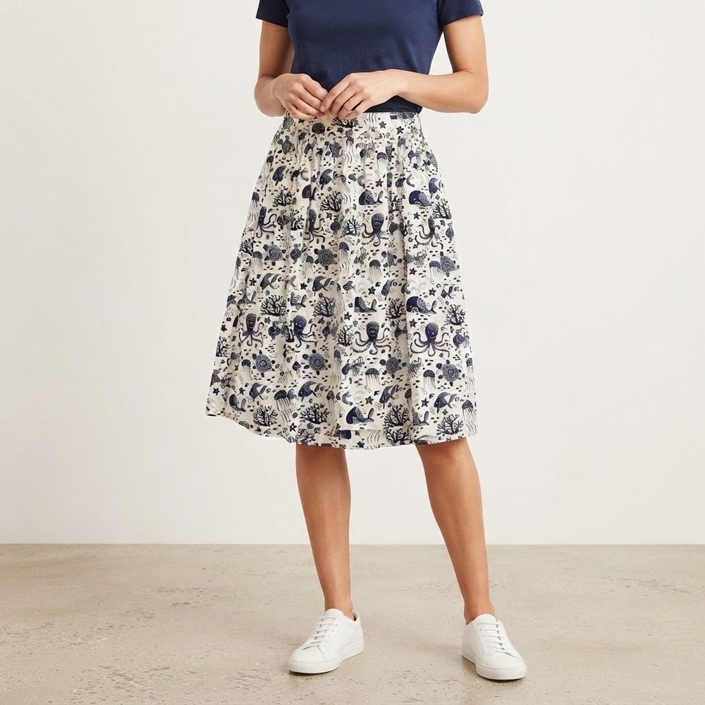 ModCloth Women's Retro Midi Skirt Medium M Navy Marine Sea Life Cotton Lined